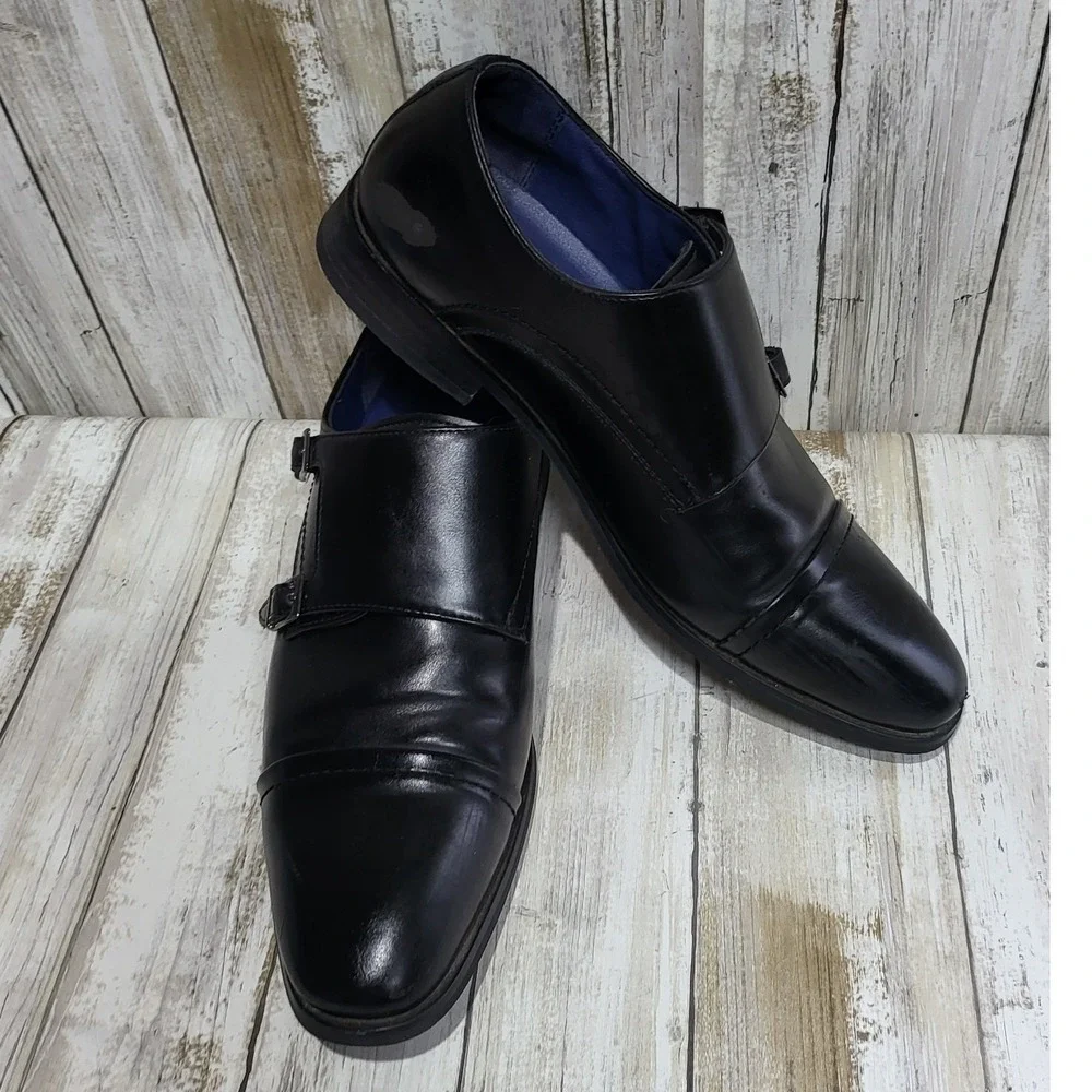 Bruno Marc Mens Black Double Monk‎ Strap Dress Shoes Size 7.5M Cap Toe